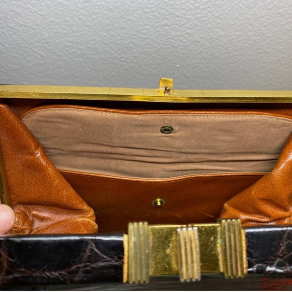 Vintage 1950s Genuine Alligator Crocodile Dark Brown Handbag Rectangular - Picture 10 of 16